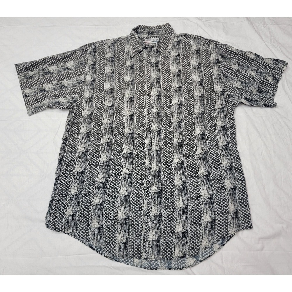 Retro Mens Medium Rayon Short Sleeve‎ Button Down Shirt Black White Geometric